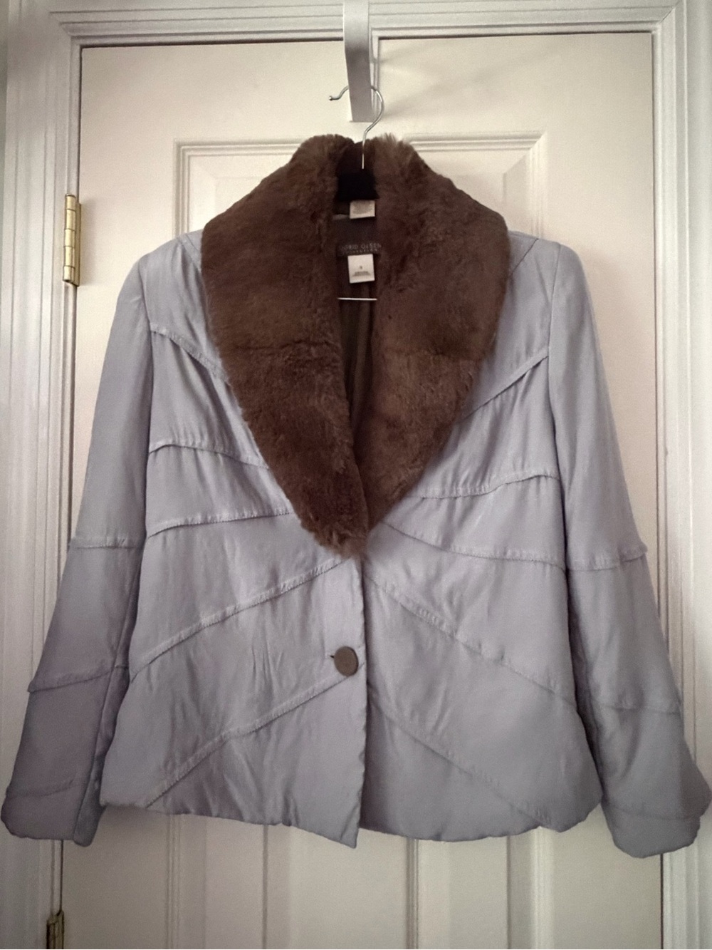 Sigrid Olsen Silk Blazer Jacket with Removable Brown Rabbit Fur Collar-Small